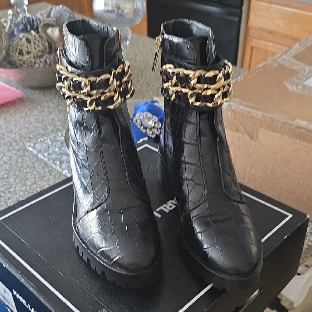 Karl Lagerfeld Black Ankle Boots with Gold Chain